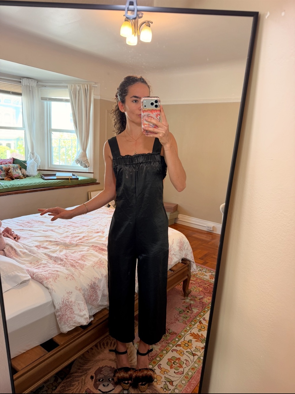 Urban Outfitters Black Satin Square-Neck Jumpsuit